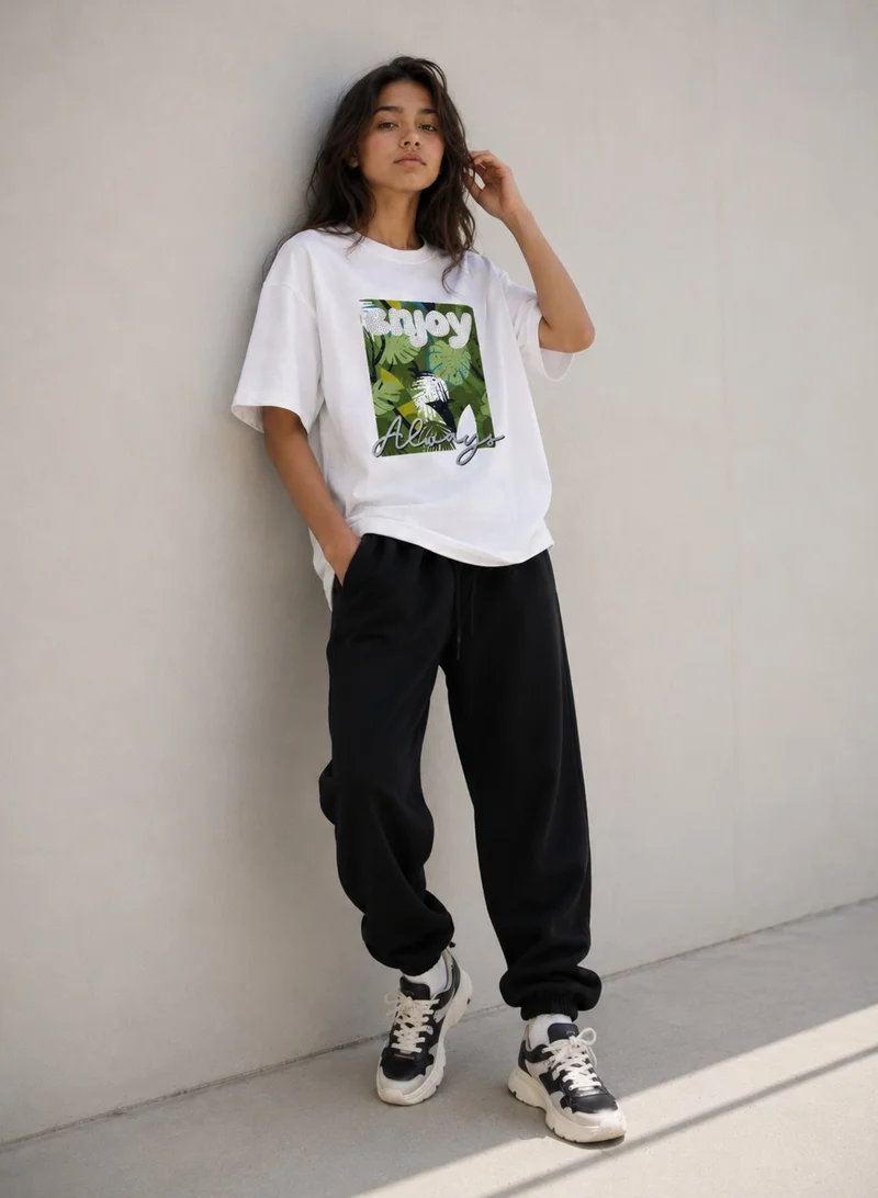Victor And Jane  Girls’ Oversized  “Enjoy Always” Tropical Graphic T-Shirt – Rhinestone Detail Tee for Women | Best Price UAE