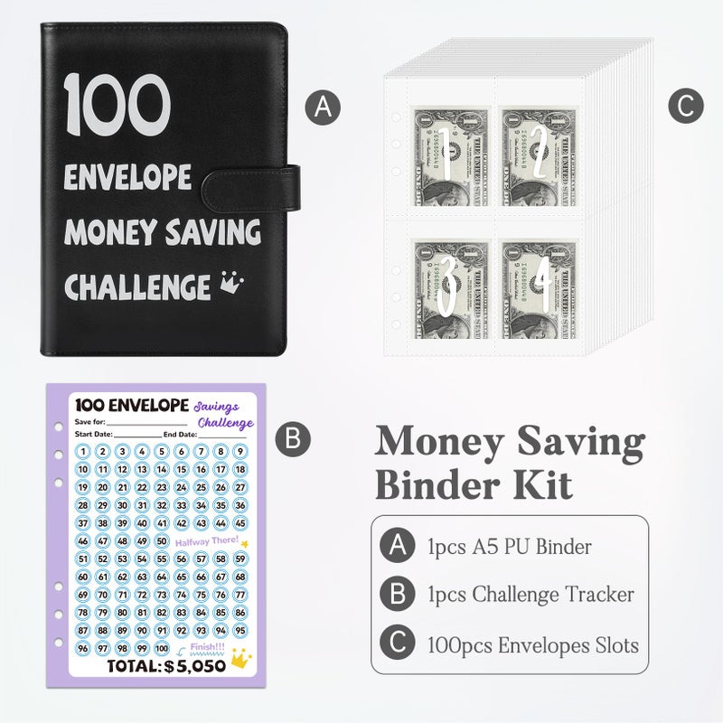 Fabmaker 100 Envelopes Money Saving Challenge Binder, A5 Savings Challenges Book with Envelopes & Reusable Tracker, Savings Binder - Save $5050 in Fun & Motivating Way, A5 Envelope Challenge Binder Kit - Image 2