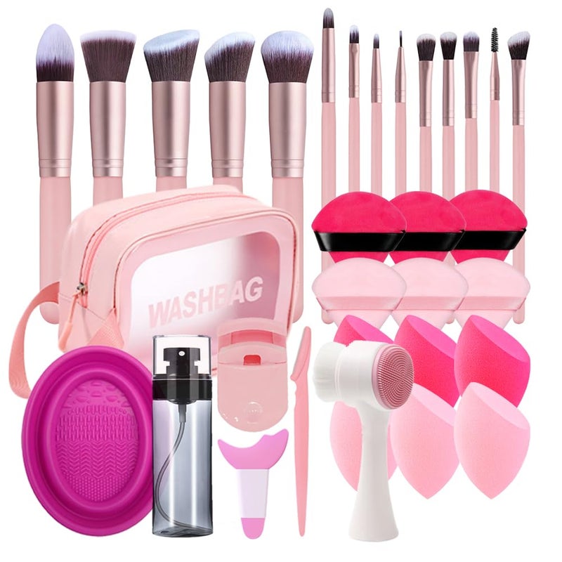 Loske 33PCS Makeup Foundation Brushes Tool Set with Sponges Eyelash Curlers Powder Puffs Silicone Washing Bowls Eye Aids Nano Spray Bottles Exfoliating Face Brushes Eyebrow Trimming Storage Bag - Image 2