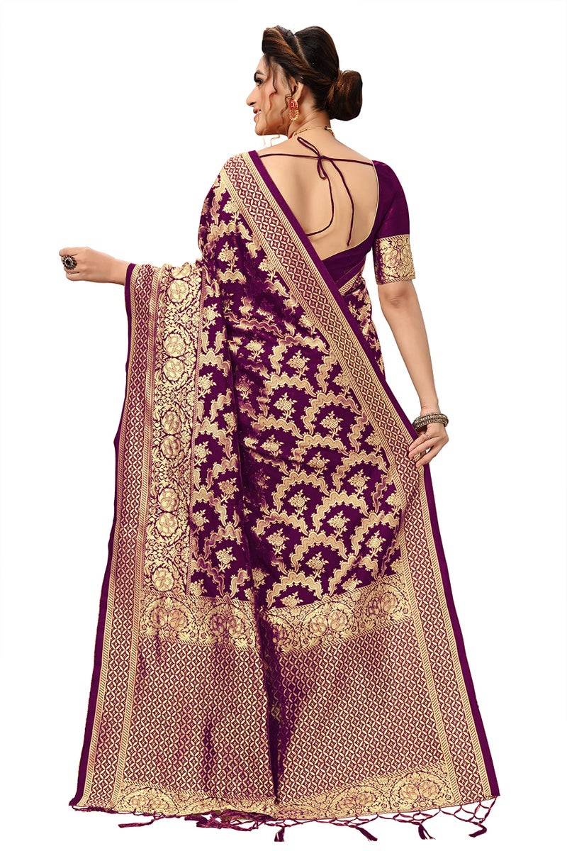 TRENDMALLS Women's Banarasi Silk Saree with Blouse Piece with Unstitch Blouse Piece (S13-Purple) - Image 2