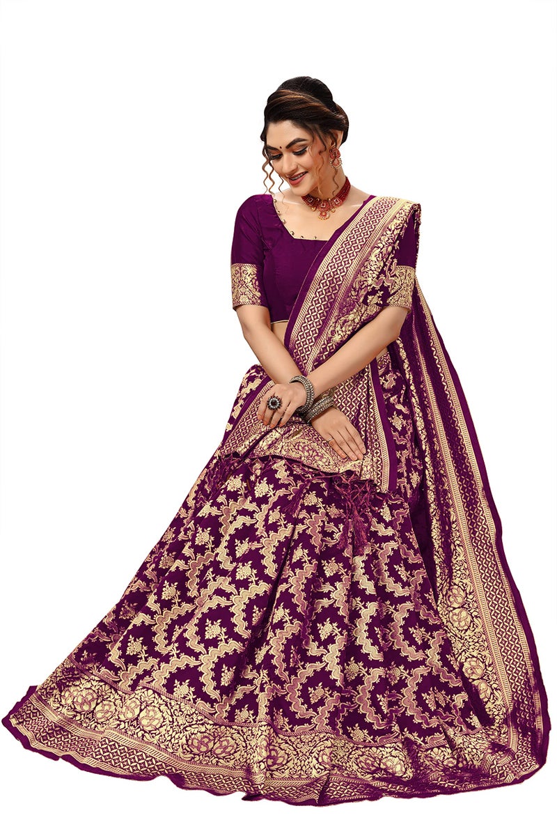TRENDMALLS Women's Banarasi Silk Saree with Blouse Piece with Unstitch Blouse Piece (S13-Purple) - Image 5