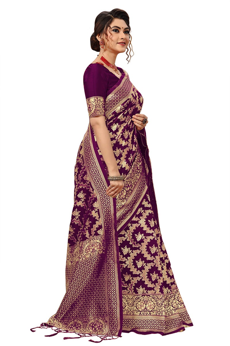 TRENDMALLS Women's Banarasi Silk Saree with Blouse Piece with Unstitch Blouse Piece (S13-Purple) - Image 3