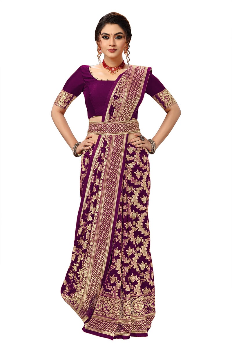 TRENDMALLS Women's Banarasi Silk Saree with Blouse Piece with Unstitch Blouse Piece (S13-Purple) - Image 4
