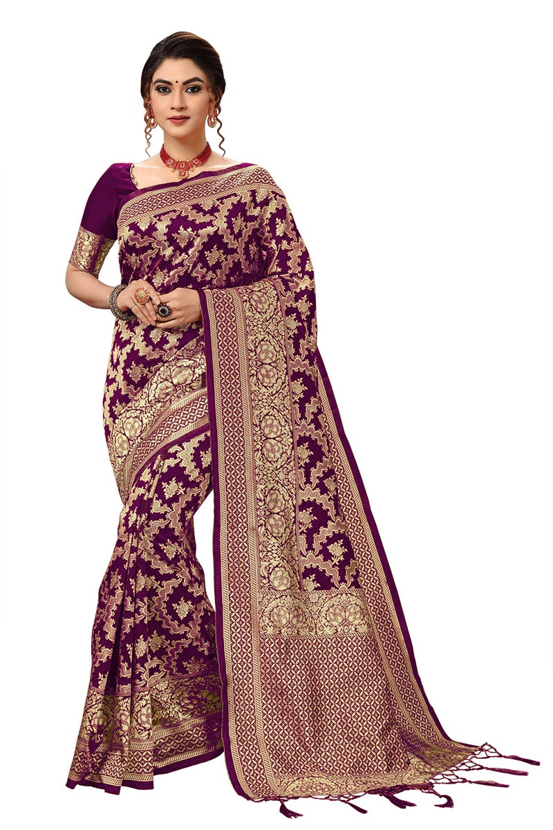 TRENDMALLS Women's Banarasi Silk Saree with Blouse Piece with Unstitch Blouse Piece (S13-Purple) - Image 1