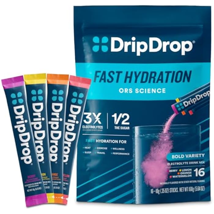 DripDrop حزم ترطيب درب دروب - مجموعة متنوعة جريئة - مسحوق مشروب إلكتروليتات بحصة واحدة - بطيخ، توت، ليمون، برتقال - خالي من الكائنات المعدلة وراثيًا، خالي من الغلوتين، نباتي - 16 عصا - Image 1