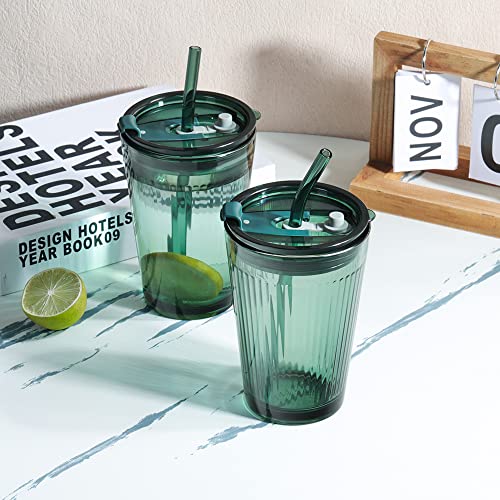 Joeyan Glass Tumbler with Straw and Lid,Green Glasses Water Cup with Straw,Colored Glass Drinking Jars for Juice Beverages Iced Coffee Tea Smoothie Soda Milk,15 oz,Set of 2,Dishwasher Safe - Image 2