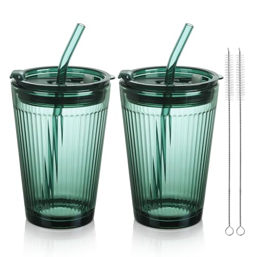 Joeyan Glass Tumbler with Straw and Lid,Green Glasses Water Cup with Straw,Colored Glass Drinking Jars for Juice Beverages Iced Coffee Tea Smoothie Soda Milk,15 oz,Set of 2,Dishwasher Safe - Image 1