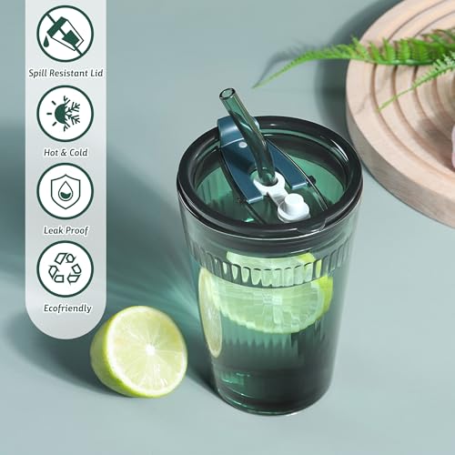 Joeyan Glass Tumbler with Straw and Lid,Green Glasses Water Cup with Straw,Colored Glass Drinking Jars for Juice Beverages Iced Coffee Tea Smoothie Soda Milk,15 oz,Set of 2,Dishwasher Safe - Image 3