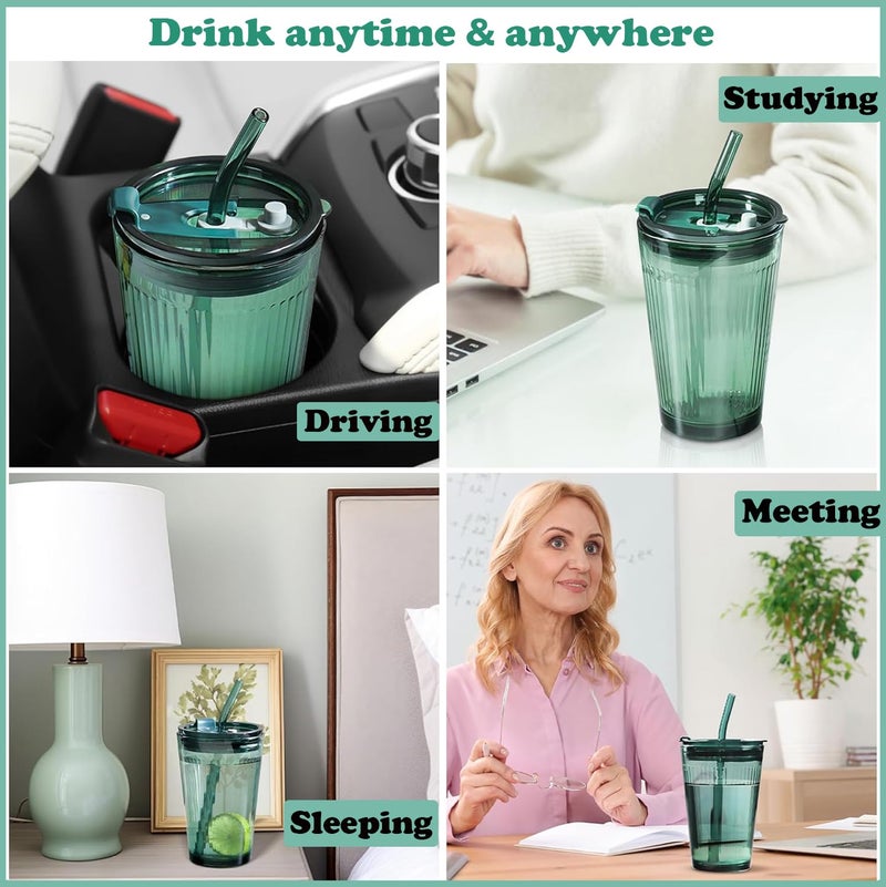 Joeyan Glass Tumbler with Straw and Lid,Green Glasses Water Cup with Straw,Colored Glass Drinking Jars for Juice Beverages Iced Coffee Tea Smoothie Soda Milk,15 oz,Set of 2,Dishwasher Safe - Image 5