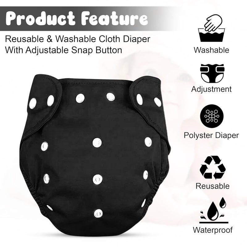 GLUN® Reusable Baby Cloth Diapers Combo, Pack of 2 Black Solid Colour Comfort & Protection, Leakproof & High Absorption - Image 4
