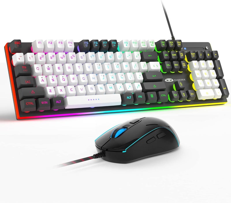مايجغي مجموعة لوحة المفاتيح والفأرة للألعاب GT838، 104 مفتاحًا مع إضاءة خلفية RGB، لوحة مفاتيح سلكية هادئة لأجهزة الكمبيوتر المحمولة وأجهزة MAC، مع لوحة أرقام، لوحة معدنية، مقاومة للظلال، أبيض وأسود - Image 1