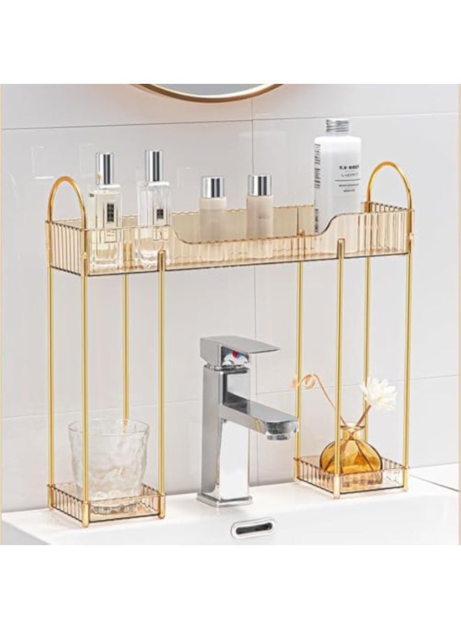 Makeup Organizer for Vanity,2-Tier Bathroom Sink Organizers Shelf Over Faucet Countertop Organizer Rack with Gold Plastic Trays,n-Shaped Sink Storage for Bathroom Dresser,Gold