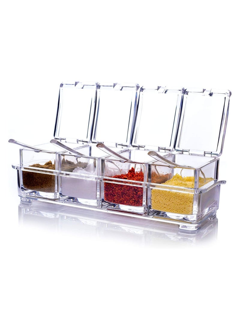 Clear Seasoning Rack Spice Pots  4 Piece Acrylic Seasoning Box Storage Container Condiment Jars - Cruet with Cover and Spoon for Spice Sugar Salt Sugar Cardamon Cinnamon  - Image 1