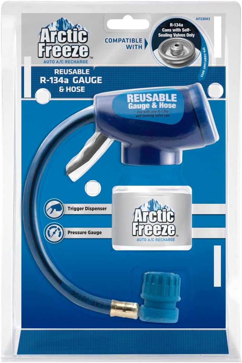InterDynamics Arctic Freeze Car Air Conditioner Refrigerant Gauge and Hose, Reusable AC Recharge Kit Compatible with R-134A Cans with Self Sealing Valves, InterDynamics