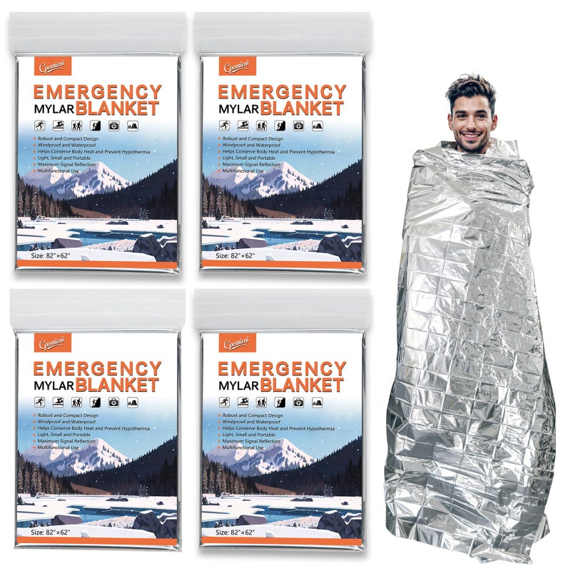 4 Pack -Large 82â€ x 62â€ Survival Emergency Mylar Thermal Blankets, Thermal Survival Blanket Perfect for Camping, Hiking, Body Insulation, Outdoors, Car Survival Kit, Bug Out Bag - Image 1