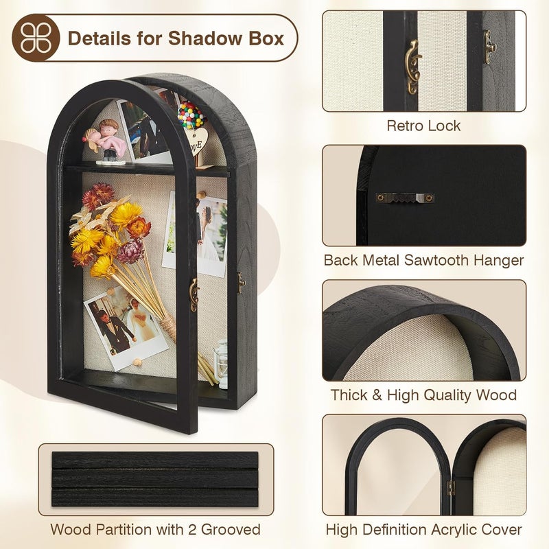 DGWJSU Shadow Box Frame 10x16 Large Shadow Boxes Display Cases with Linen Back and Removable Shelves, Picture Frame Wedding Bouquet Memorabilia Medals Photos Memory Box for Keepsakes (Black) - Image 5