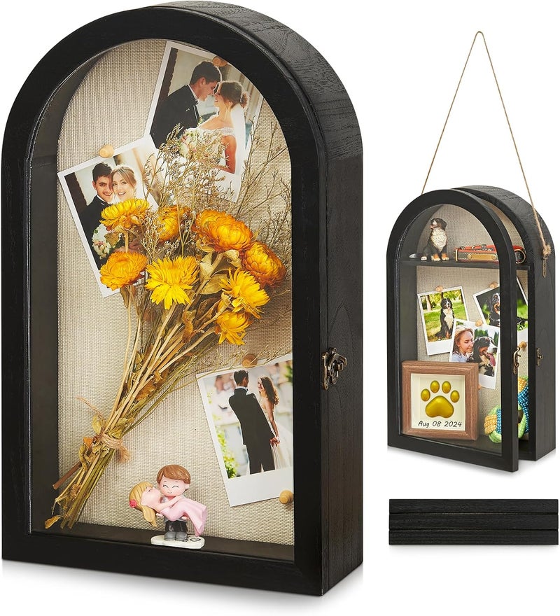 DGWJSU Shadow Box Frame 10x16 Large Shadow Boxes Display Cases with Linen Back and Removable Shelves, Picture Frame Wedding Bouquet Memorabilia Medals Photos Memory Box for Keepsakes (Black) - Image 1