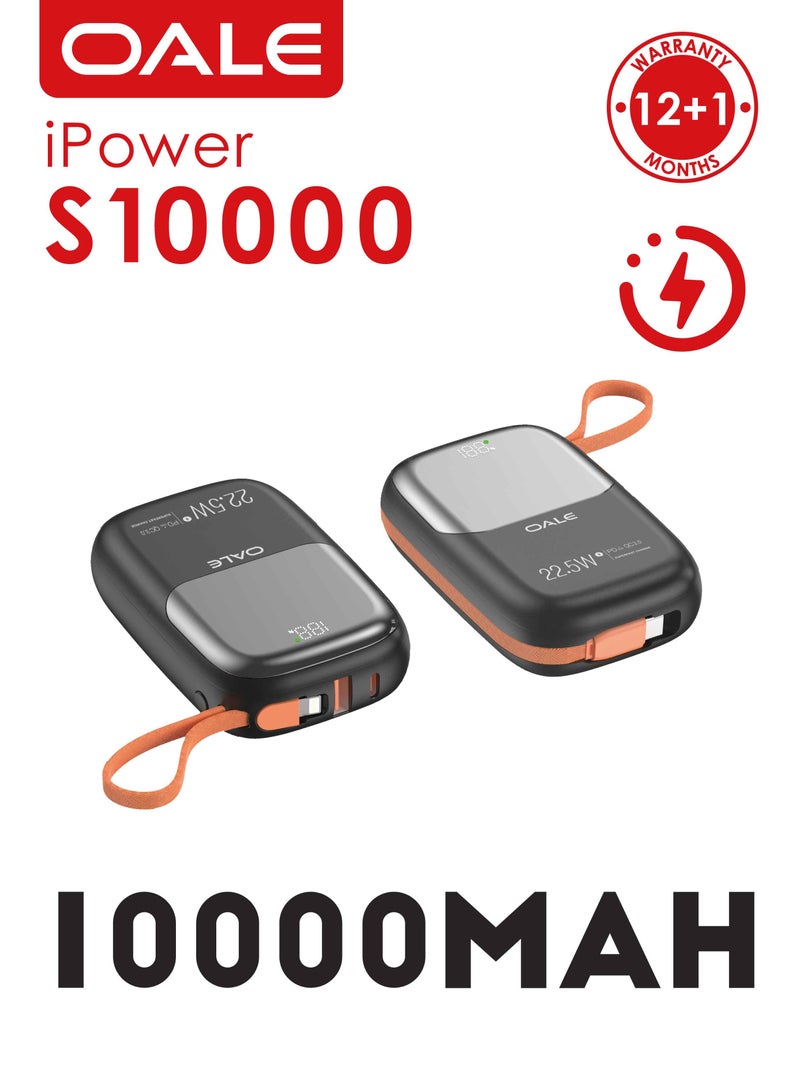 OALE iPower S10000 Power Bank 10000mAh, 22.5W Super Fast Charging, Built-in Type-C & Lightning Cables, Power Level Indicator, Super Mini & Portable - Image 2