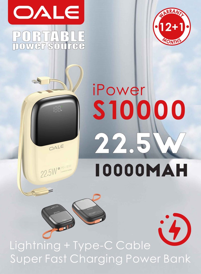 OALE iPower S10000 Power Bank 10000mAh, 22.5W Super Fast Charging, Built-in Type-C & Lightning Cables, Power Level Indicator, Super Mini & Portable - Image 5