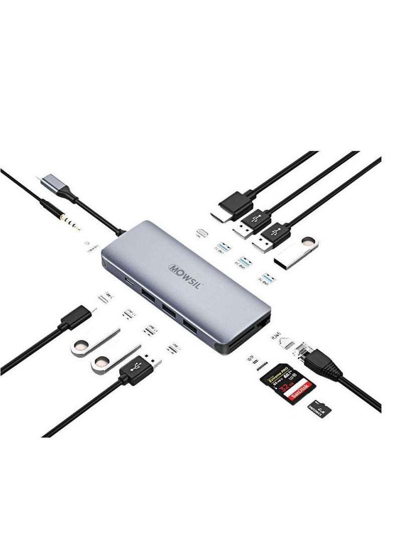 Mowsil USB C 12-in-1 Hub, Type C to USB 2.0 x 3, USB 3.0 x 3, HDMI, Type-C, SD, Micro SD, RJ 45, Stereo, Aluminium Shell - Image 2
