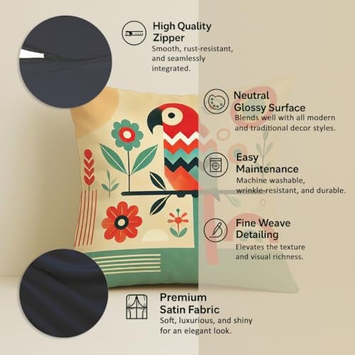 STITCHNEST Printed Satin Cushion Covers Colorful Parrot with Botanical & Geometric Chevron Design, 16x16 Inch, Pack of 2 for Artistic, Playful & Boho Home Styling - Image 2