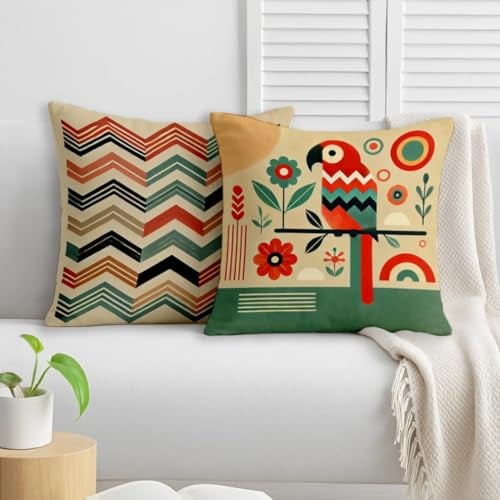 STITCHNEST Printed Satin Cushion Covers Colorful Parrot with Botanical & Geometric Chevron Design, 16x16 Inch, Pack of 2 for Artistic, Playful & Boho Home Styling - Image 1