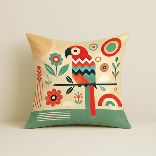 STITCHNEST Printed Satin Cushion Covers Colorful Parrot with Botanical & Geometric Chevron Design, 16x16 Inch, Pack of 2 for Artistic, Playful & Boho Home Styling - Image 4