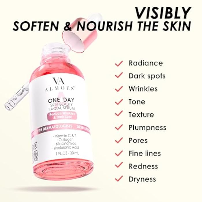 AA almoes ALMOES SERUM 20% Vitamin C,Alpha Arbutin, Polyglutamic acid,hyaluronic acid, Vit E,Collagen,Pore-minimizing formula, Hydrating Face & Eye Serum 1 Fl Oz - Image 2