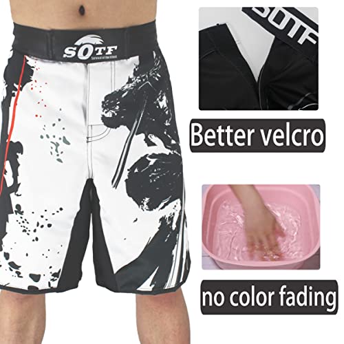 SOTF MMA Shorts Muay Thai Boxing Trunks Comfortable Kickboxing Fight Wear, White, M=26-30" - Image 4