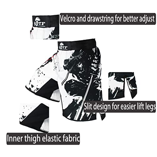 SOTF MMA Shorts Muay Thai Boxing Trunks Comfortable Kickboxing Fight Wear, White, M=26-30" - Image 3