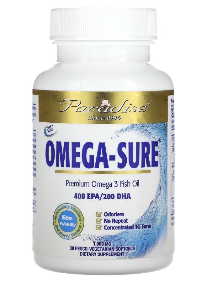 Paradise Herbs Omega Sure Premium Omega-3 Fish Oil 1000 mg 30 Pesco Vegetarian Softgels - Image 1