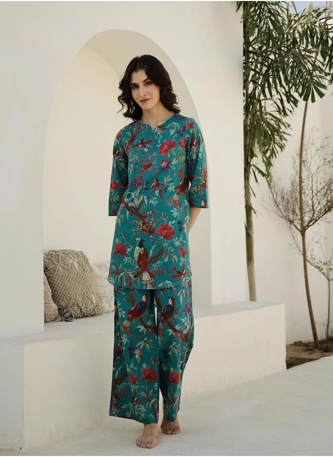 sanskrutihomes Pure Cotton Printed Notch Neck Top and Pyjama Set by Styli