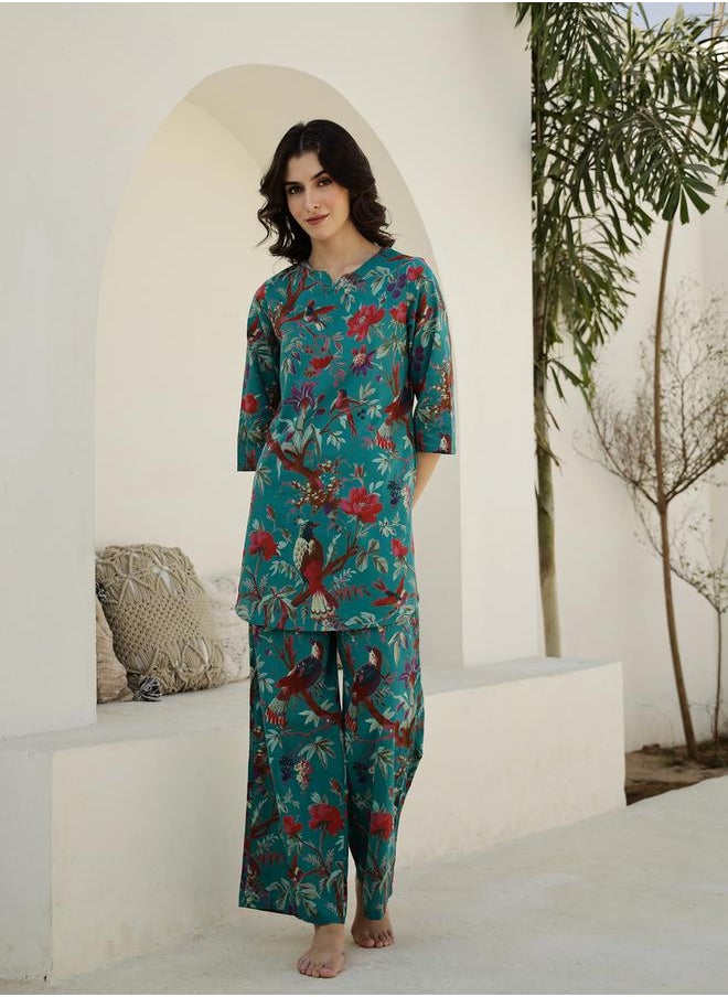sanskrutihomes Pure Cotton Printed Notch Neck Top and Pyjama Set by Styli  - Image 1