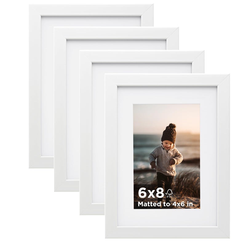 KINLINK 6x8 Picture Frame White Set of 4 Wooden Photo Frames Matted 4x6 with Plexiglass for 4x6 with Mat or 6x8 without Mat for Table and Wall Display