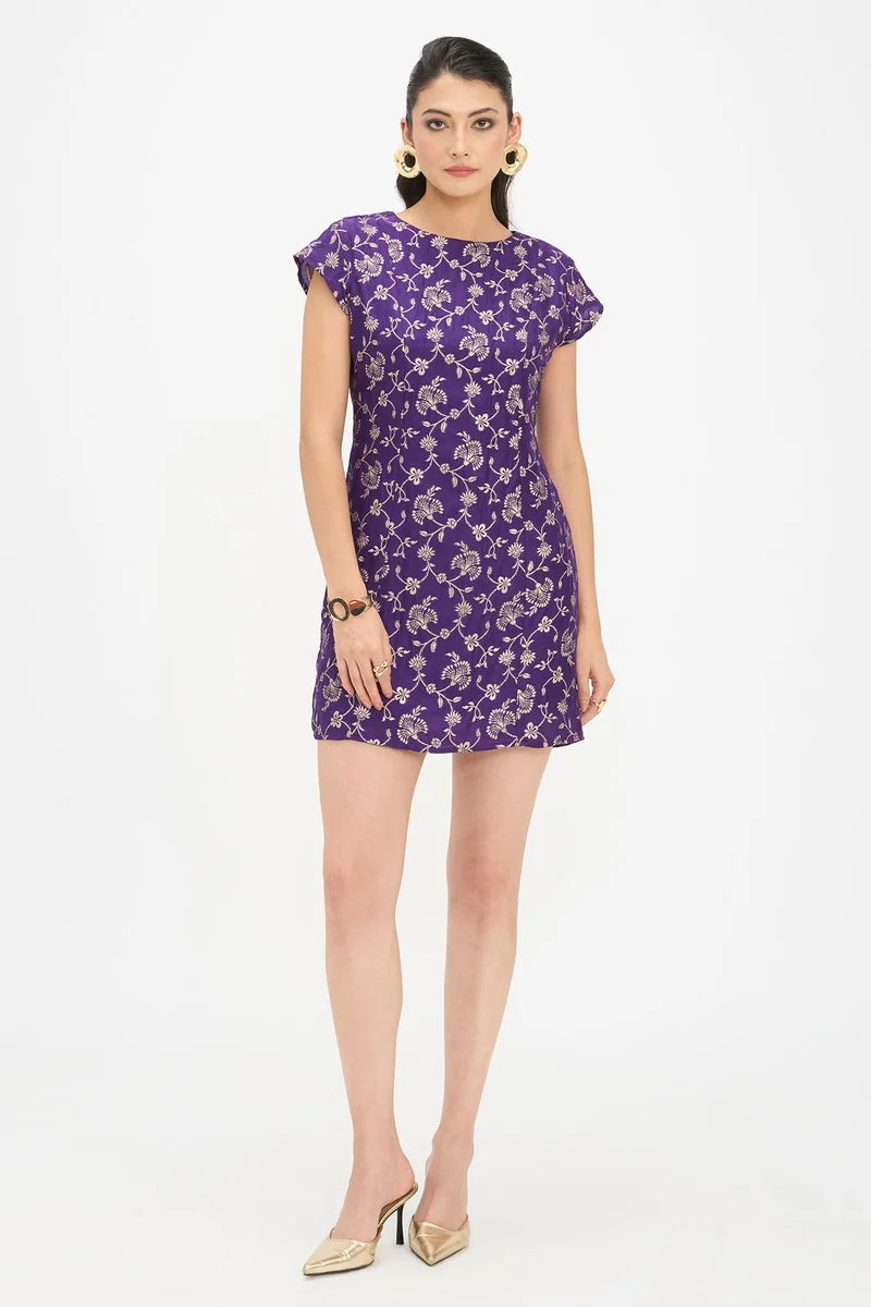 Virgio Ethnic Motifs Viscose Cap Sleeve Mini Dress for Women