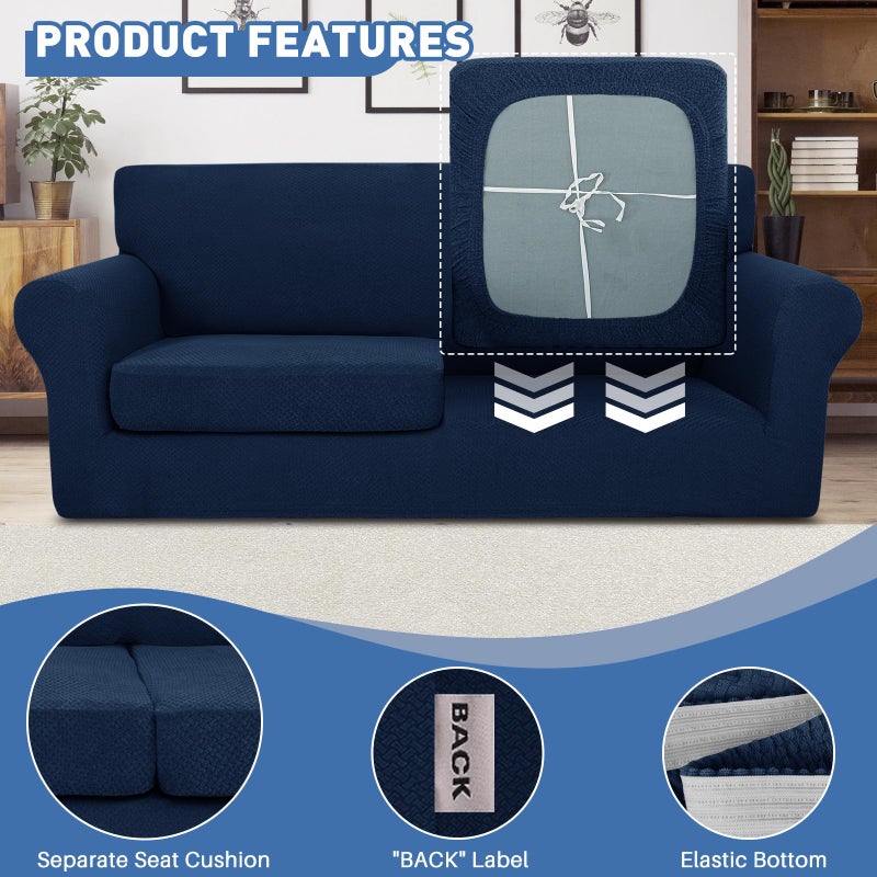 Jiviner 3 Pieces Couch Covers For 2 Cushion Couch Stretch Sofa Slipcover With 2 Extra Large Seat Cushion Covers Thick Fitted Loveseat Sofa Covers For Living Room (Xl Loveseat Navy Blue) - Image 4