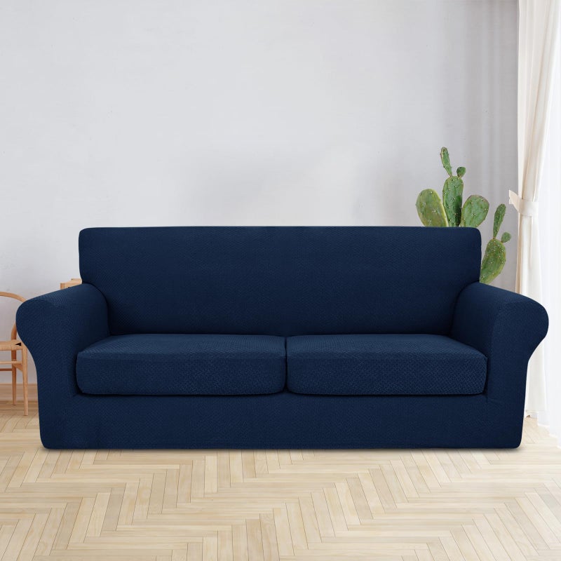Jiviner 3 Pieces Couch Covers For 2 Cushion Couch Stretch Sofa Slipcover With 2 Extra Large Seat Cushion Covers Thick Fitted Loveseat Sofa Covers For Living Room (Xl Loveseat Navy Blue) - Image 2