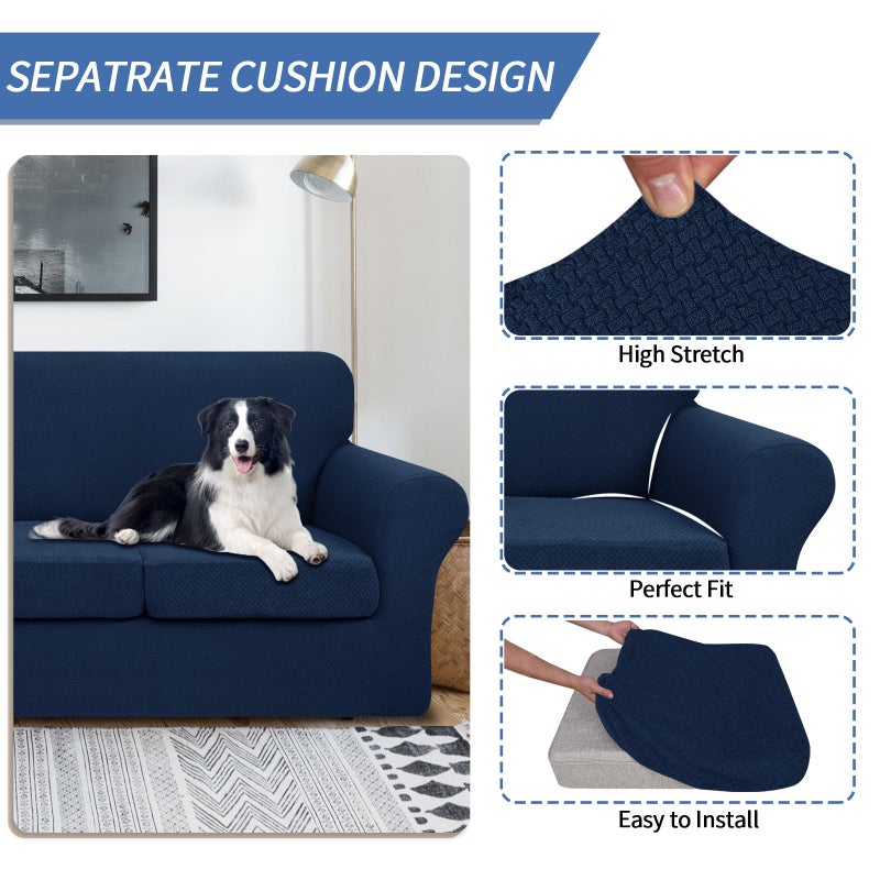 Jiviner 3 Pieces Couch Covers For 2 Cushion Couch Stretch Sofa Slipcover With 2 Extra Large Seat Cushion Covers Thick Fitted Loveseat Sofa Covers For Living Room (Xl Loveseat Navy Blue) - Image 3