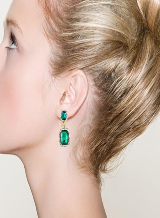 YINLI Austrian Crystal Square Shape Dangle Drop Clip on Earrings for Women(Green) - Image 2