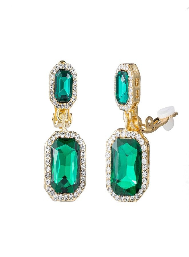YINLI Austrian Crystal Square Shape Dangle Drop Clip on Earrings for Women(Green) - Image 1