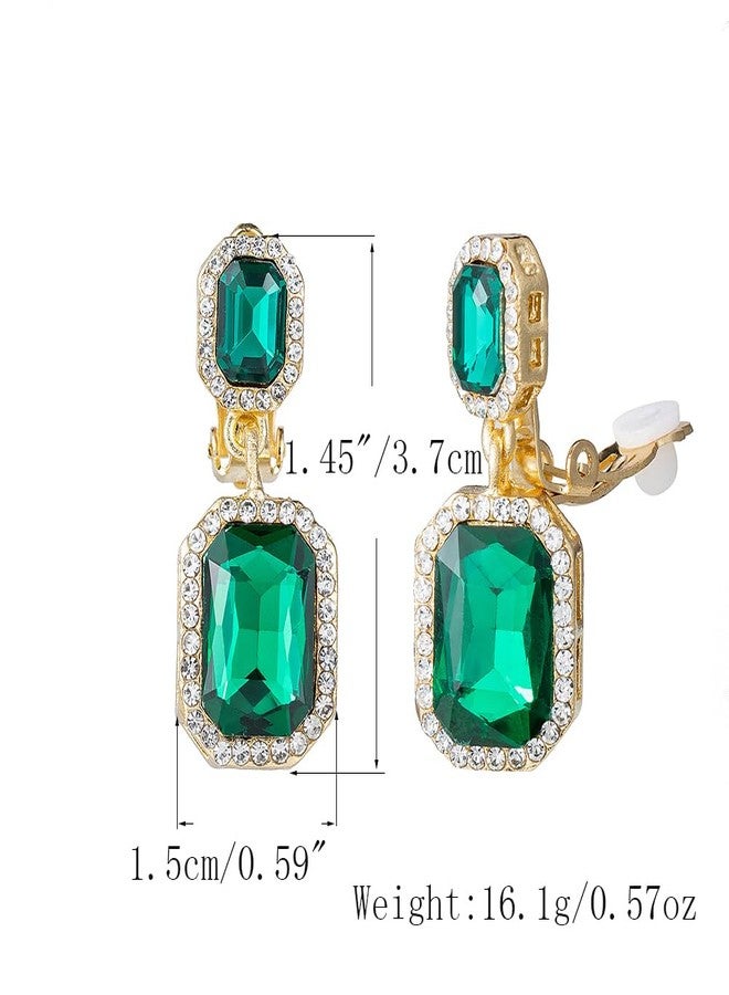 YINLI Austrian Crystal Square Shape Dangle Drop Clip on Earrings for Women(Green) - Image 3