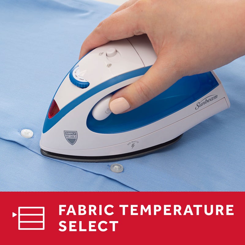 Sunbeam Hot-2-Trot Travel Steam Iron, 800 Watt Dual Voltage 120/240, Compact Size, Portable, Non-Stick Soleplate, Soft Touch Handle, Horizontal or Vertical Use, White and Blue - Image 4