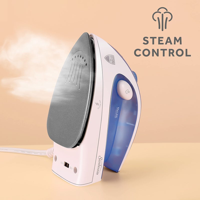 Sunbeam Hot-2-Trot Travel Steam Iron, 800 Watt Dual Voltage 120/240, Compact Size, Portable, Non-Stick Soleplate, Soft Touch Handle, Horizontal or Vertical Use, White and Blue - Image 5