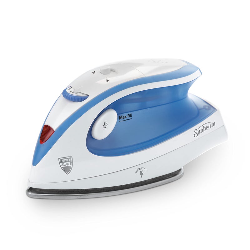 Sunbeam Hot-2-Trot Travel Steam Iron, 800 Watt Dual Voltage 120/240, Compact Size, Portable, Non-Stick Soleplate, Soft Touch Handle, Horizontal or Vertical Use, White and Blue - Image 1