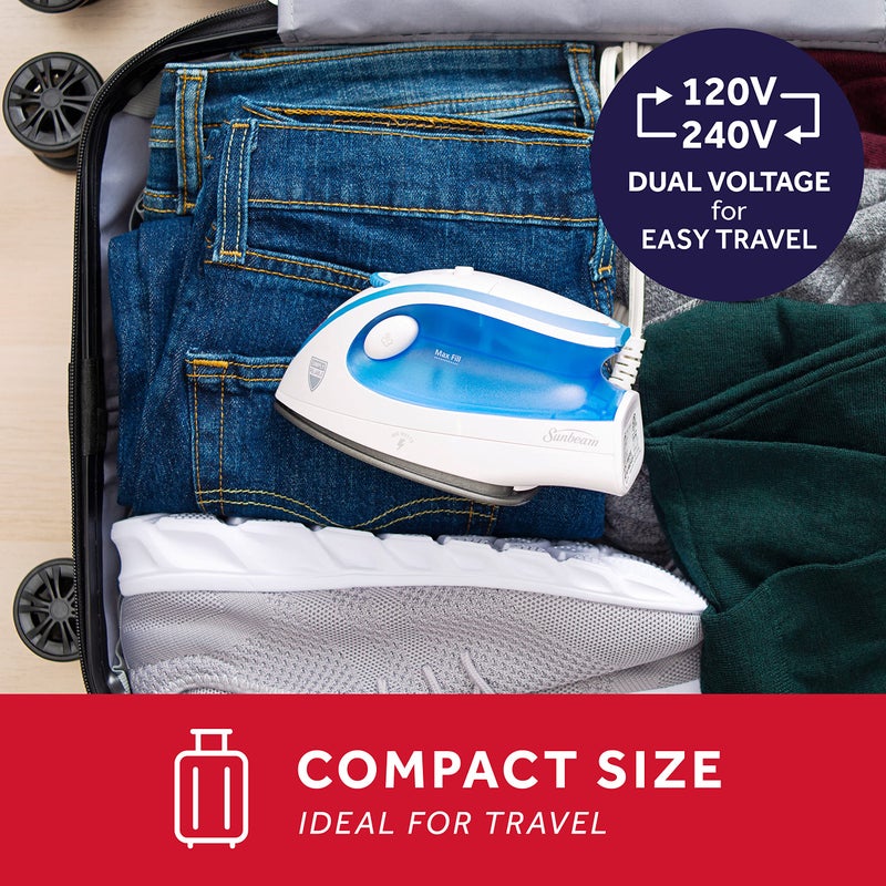 Sunbeam Hot-2-Trot Travel Steam Iron, 800 Watt Dual Voltage 120/240, Compact Size, Portable, Non-Stick Soleplate, Soft Touch Handle, Horizontal or Vertical Use, White and Blue - Image 2