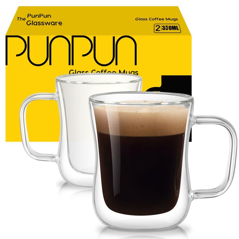 PunPun Coffee 12oz350ml Glass Mugs Espresso Cups Coffee Glass Cups Champagne Glass Clear Drinking Cups Tea Cups Wine Glass Microwave Safe Borosilicate Glass Cup 12 OZSet of 2