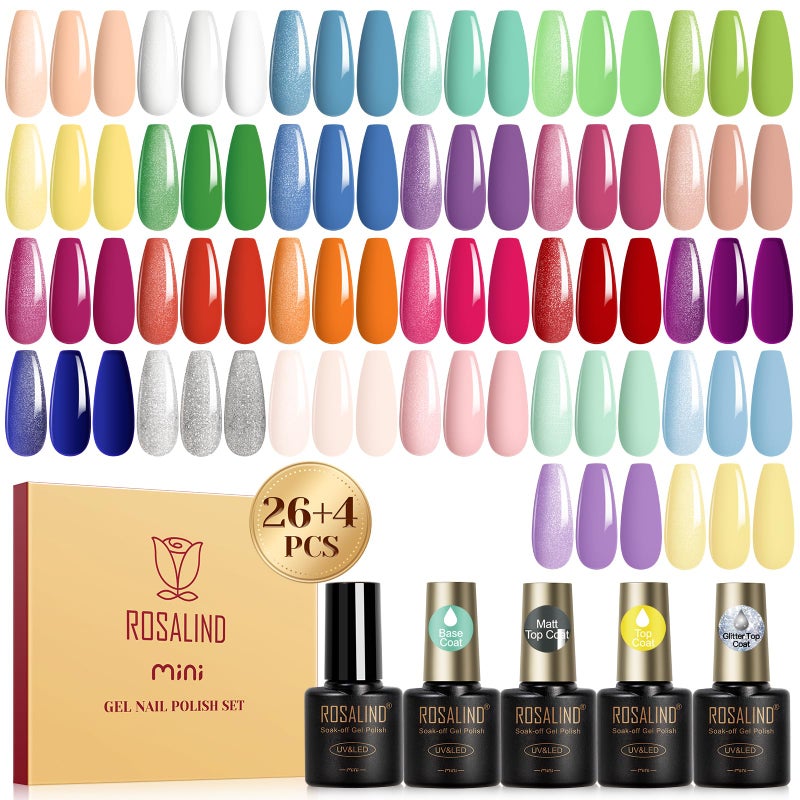 Rosalind طقم طلاء أظافر جل ROSALIND 30 قطعة مع جل قاعدة وطبقة علوية (لامع غير لامع وبريق)، 26 لون نيون زاهي طلاء جل أظافر صيفي باستيل، نقع UV مانيكير قوس قزح للنساء - Image 1