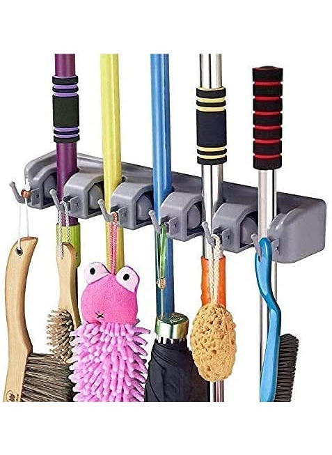 Kmart KHODIYAR Wall Mounted Magic Mop and Broom Holder Organizer Storage Hooks for Kitchen Garden Grey Color 5 Slots with 6 Inbuilt Hanging Hooks  - Image 1