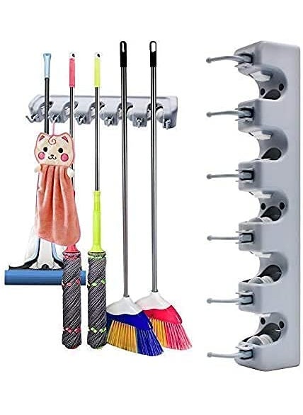 Kmart KHODIYAR Wall Mounted Magic Mop and Broom Holder Organizer Storage Hooks for Kitchen Garden Grey Color 5 Slots with 6 Inbuilt Hanging Hooks  - Image 4