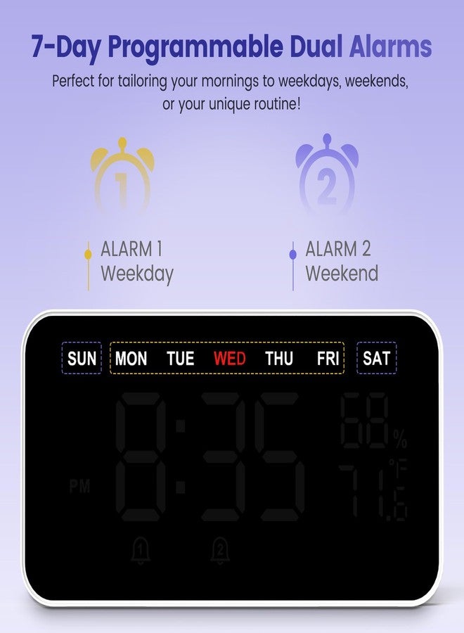 Dekala Bed Shaker Loud Alarm Clock for Heavy Sleepers Adults, Vibrating Dual Alarm Clocks for Bedrooms, Large Display Auto Dimmer,Temperature & Humidity Detect, 7-Day Programmable, Ideal Gift - Image 4